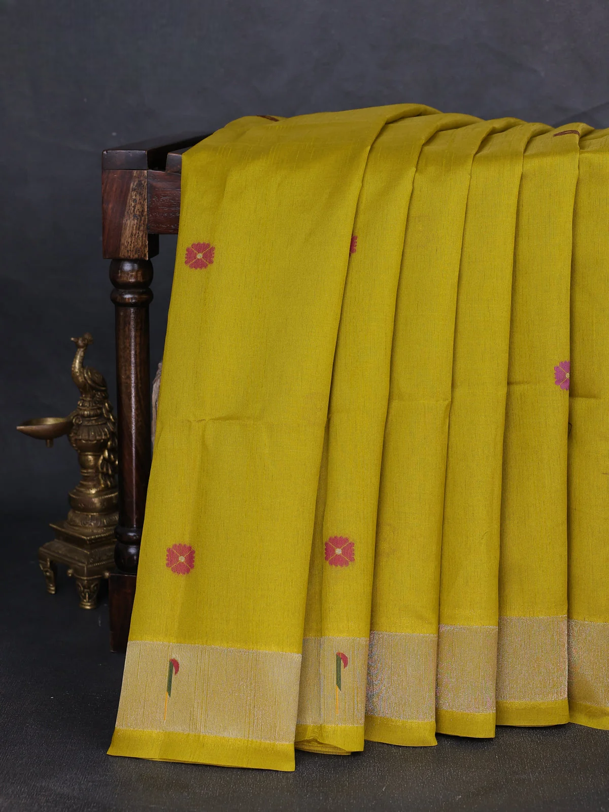 Semi Paithani Floral Thread Woven Saree - Mustard Green